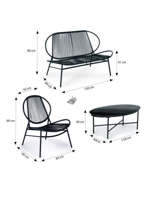 Rattan kerti bútor szett fém székekkel, pad és fekete asztal - kerti bútor, rattan bútor, kerti asztal, kerti szék