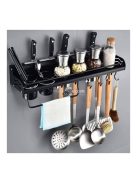Falra szerelhető fém konyhai polc praktikus késtartóval, rendszerezővel, 10 db akasztóval (71 cm)