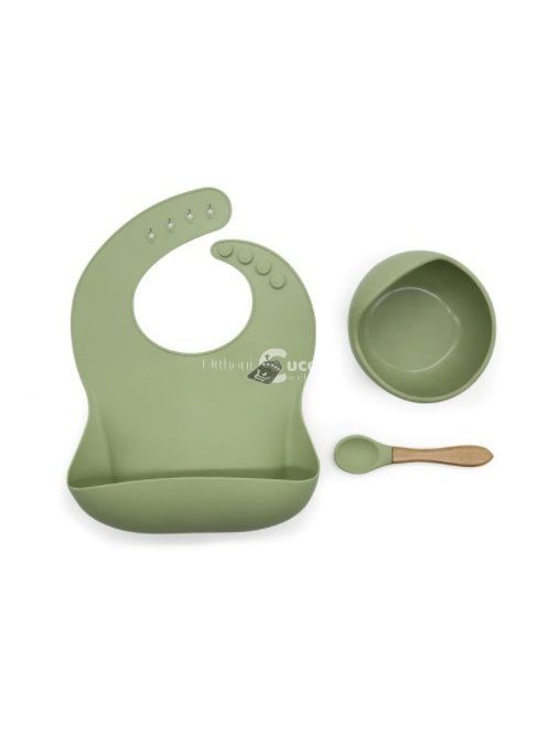 Szilikon étkészlet babáknak, állítható előke és vákuumtalpas tányér kanálkával - - Zöld