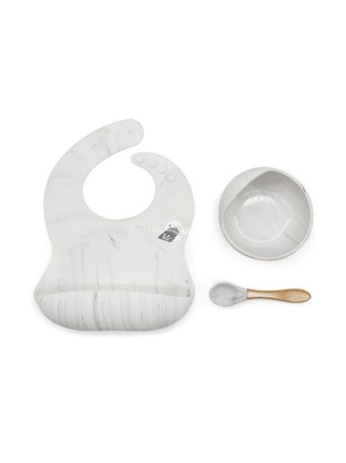 Szilikon étkészlet babáknak, állítható előke és vákuumtalpas tányér kanálkával - fehér márvány