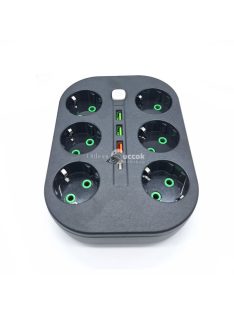   Hálózati elosztó 6 db konnektor aljzattal, 3 db USB-vel és 1 db USB-C-vel / 2 m hosszabbító