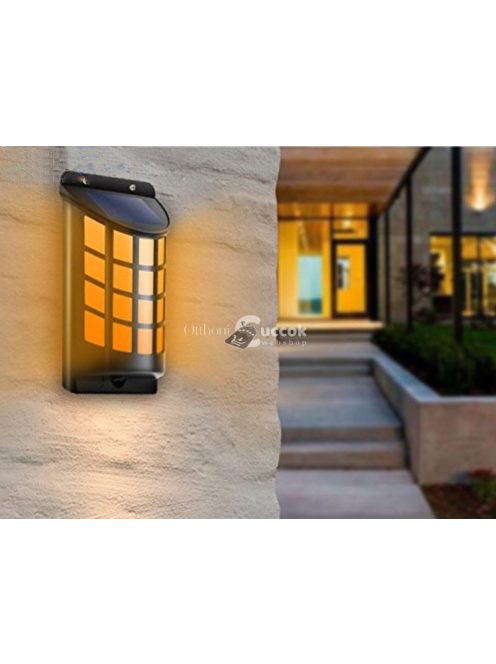 Hangulatos láng hatású napelemes fali lámpa, dekoráció