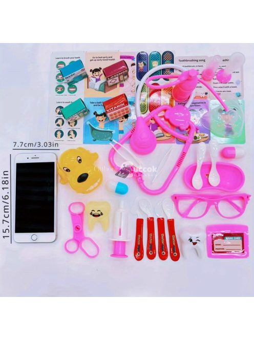 Játék állatorvosi szett, sztetoszkóppal, fecskendővel és fogászati eszközökkel