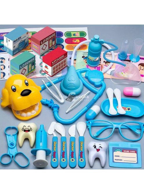 Játék állatorvosi szett, sztetoszkóppal, fecskendővel és fogászati eszközökkel