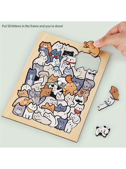 50 db-os fa puzzle, vegyes színekben, szabálytalan alakú kutya, macska, panda kialakítás
