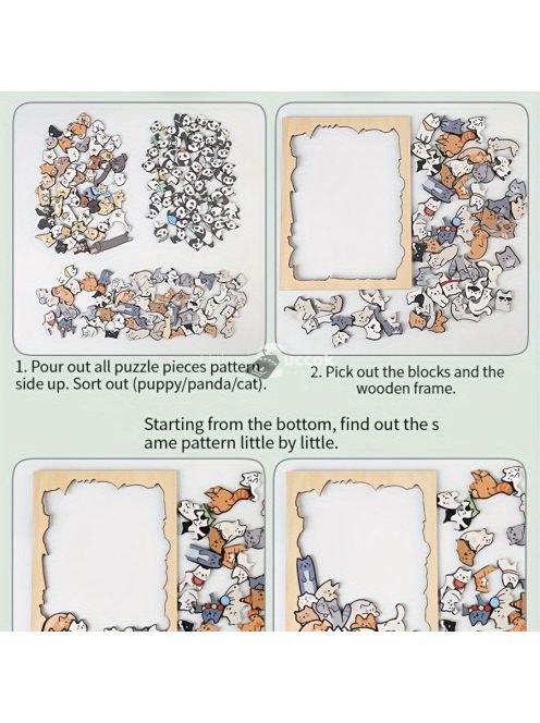 50 db-os fa puzzle, vegyes színekben, szabálytalan alakú kutya, macska, panda kialakítás