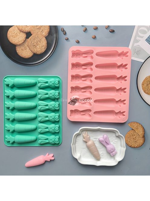 12-üreges szilikon nyúl és répa alakú forma cukorkához, csokoládéhoz és tortához