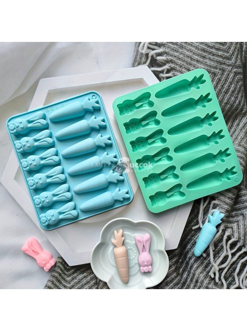 12-üreges szilikon nyúl és répa alakú forma cukorkához, csokoládéhoz és tortához