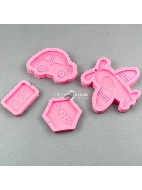 Szilikon Formák 4 részes készlet, Aranyos autó és repülőgép csokoládéformák közlekedési lámpával és Stop táblával