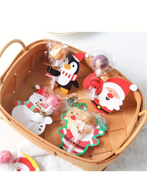 100 db-os karácsonyi nyalóka tartó kártya - Mikulás, pingvin, hóember mintákkal