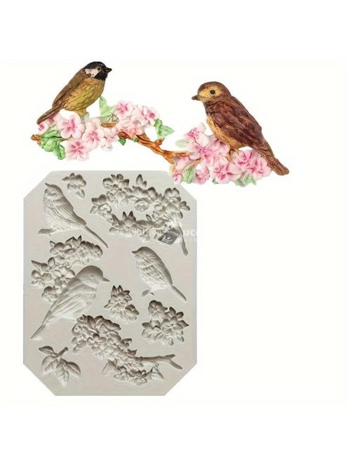 Szilikon madár és virágzó ág fondant forma