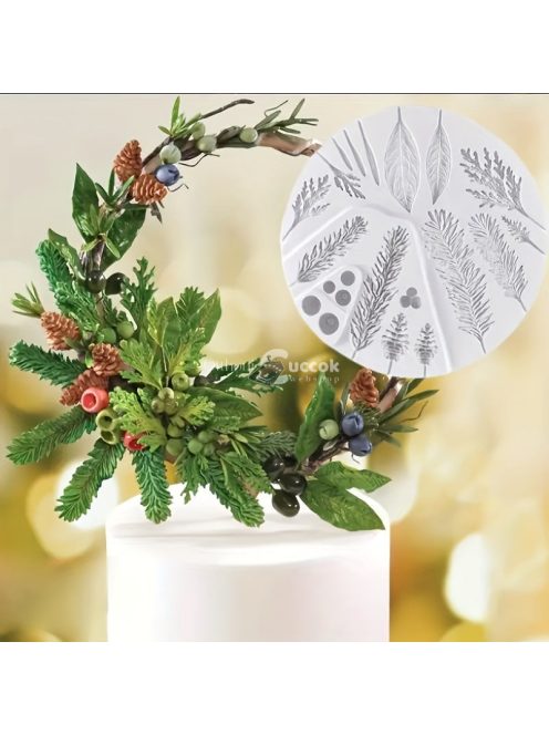 Szilikon fondant forma tortadíszítéshez, téli lombozat virágfüzér