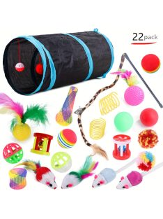   22 darabos macskajáték készlet, összecsukható alagúttal, csengővel