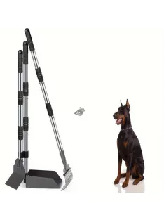   Kutyaürülék-felszedő - Állítható hosszú nyél, tartós rozsdamentes acél gereblye és tálca