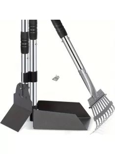   Kutyaürülék-felszedő - Állítható hosszú nyél, tartós rozsdamentes acél gereblye és tálca