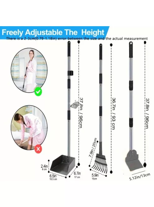 Kutyaürülék-felszedő - Állítható hosszú nyél, tartós rozsdamentes acél gereblye és tálca