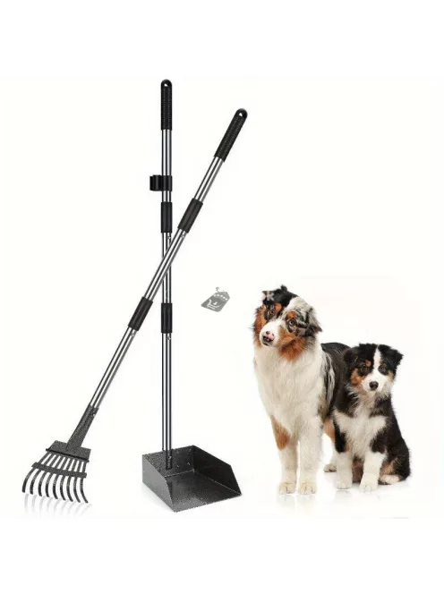 Kutyaürülék-felszedő - Állítható hosszú nyél, tartós rozsdamentes acél gereblye és tálca