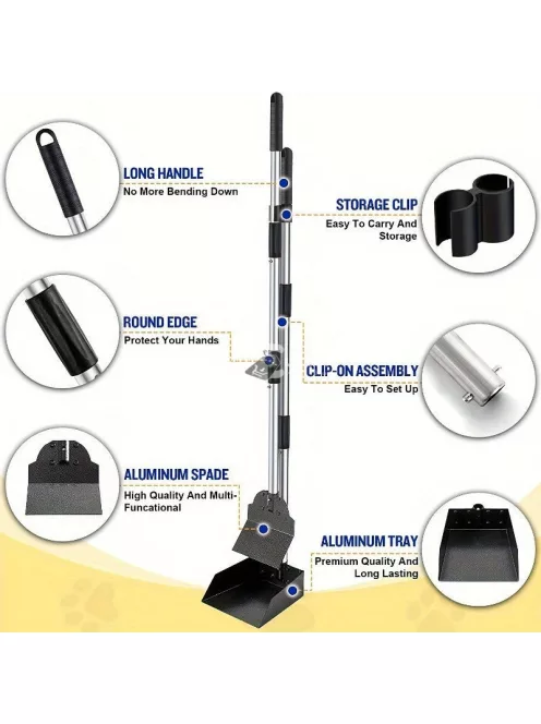 Kutyaürülék-felszedő - Állítható hosszú nyél, tartós rozsdamentes acél gereblye és tálca