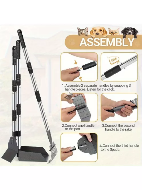 Kutyaürülék-felszedő - Állítható hosszú nyél, tartós rozsdamentes acél gereblye és tálca