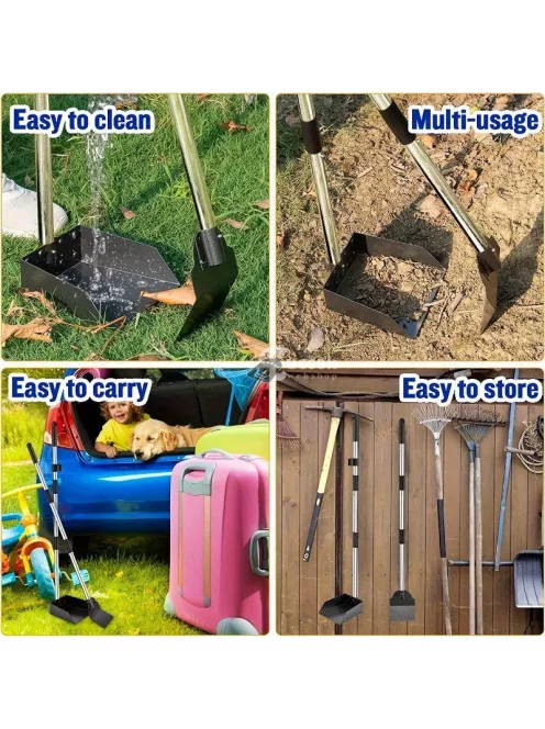 Kutyaürülék-felszedő - Állítható hosszú nyél, tartós rozsdamentes acél gereblye és tálca