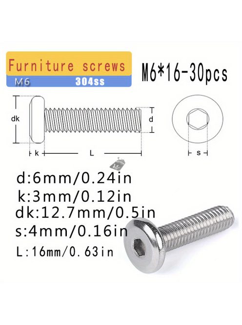 304-es rozsdamentes acél belső hatszögletű laposfejű fordított élű bútorcsavar M6