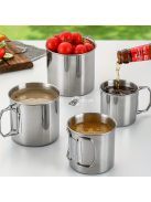 500 ml-es tartós és hordozható  rozsdamentes acél kempingpohár karabinerkapcstal és összecsukható fogantyúval