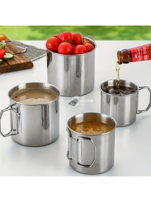 500 ml-es tartós és hordozható  rozsdamentes acél kempingpohár karabinerkapcstal és összecsukható fogantyúval