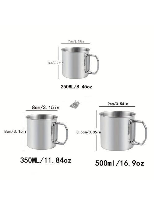 500 ml-es tartós és hordozható  rozsdamentes acél kempingpohár karabinerkapcstal és összecsukható fogantyúval