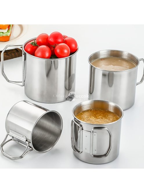 500 ml-es tartós és hordozható  rozsdamentes acél kempingpohár karabinerkapcstal és összecsukható fogantyúval