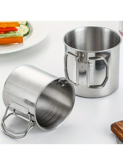 500 ml-es tartós és hordozható  rozsdamentes acél kempingpohár karabinerkapcstal és összecsukható fogantyúval