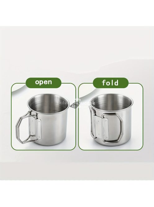 500 ml-es tartós és hordozható  rozsdamentes acél kempingpohár karabinerkapcstal és összecsukható fogantyúval