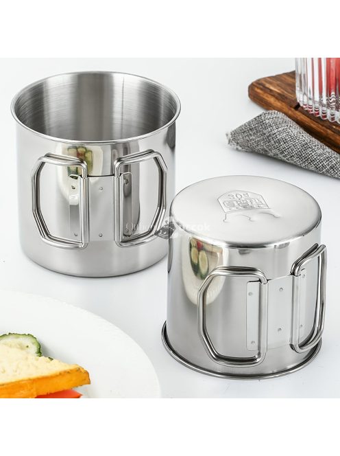 500 ml-es tartós és hordozható  rozsdamentes acél kempingpohár karabinerkapcstal és összecsukható fogantyúval