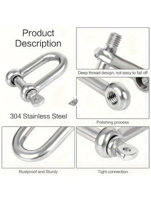 10db M6 rozsdamentes acél D-bilincs, nagy teherbírású D gyűrűs bilincszár kapocs