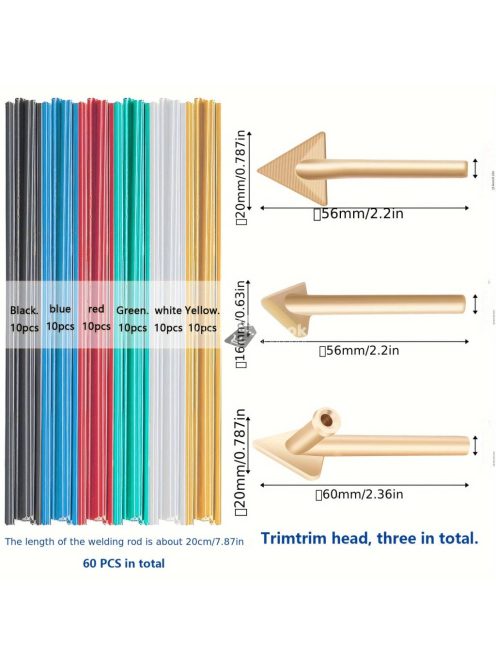 Professzionális műanyag hegesztő készlet 60 pálcával és 3 fúvókaheggyel, fém és műanyag anyaghoz