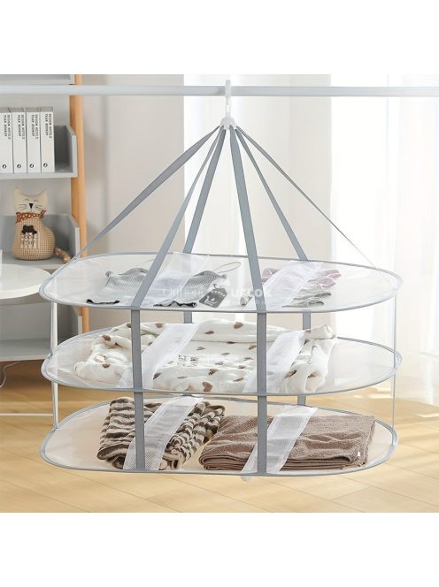 Szürke, háromszintes, hálós szárítóállvány