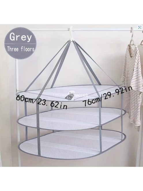 Szürke, háromszintes, hálós szárítóállvány