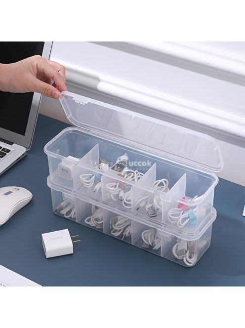5 rekeszes átlátszó műanyag tárolódoboz feszítő rögzítéssel