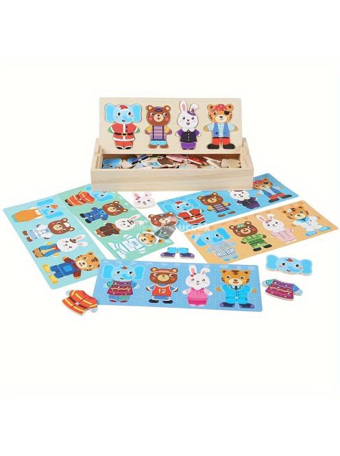 Fa állatos öltöztetős puzzle, logikus gondolkodást fejlesztő játék
