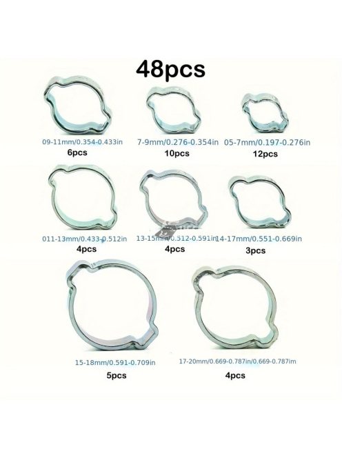 48 db-os Cinkbevonatú Rozsdamentes Acél Dupla Fülű Tömlőbilincs Készlet