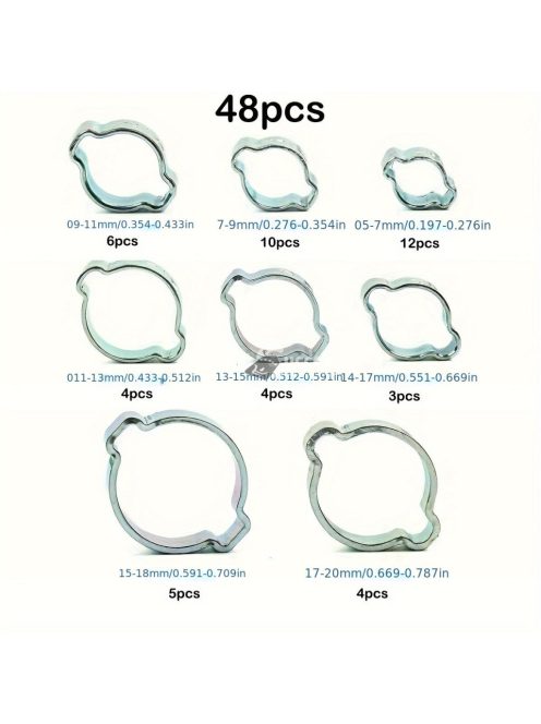 48 db-os Cinkbevonatú Rozsdamentes Acél Dupla Fülű Tömlőbilincs Készlet