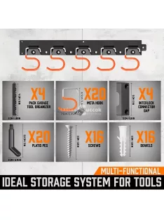   4db Fém kerti szerszám-rendező, állítható garázsfali rendszerező és tároló