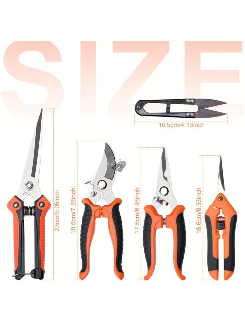5 darabos Ergonomikus Kerti Szerszámkészlet Rozsdamentes Acél Metszőollóval, Magas Minőségű Pengékkel és Tárolótáskával