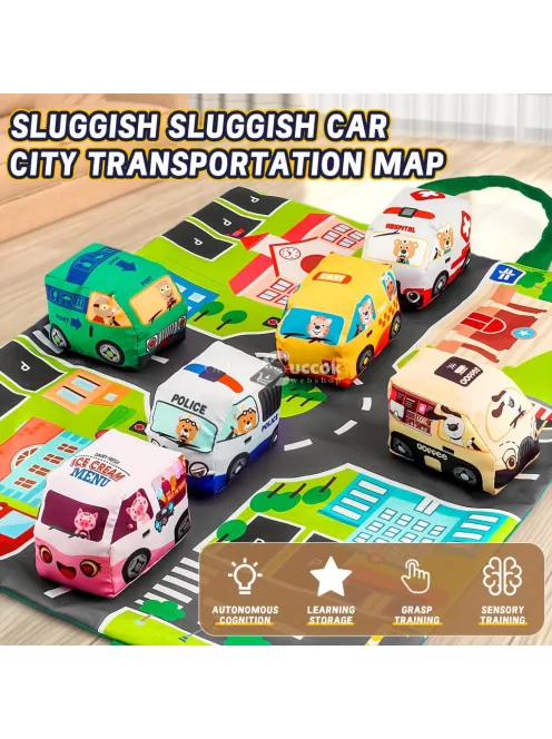 6db Puha Játékautók Játékszőnyeggel és Tárolózsákkal