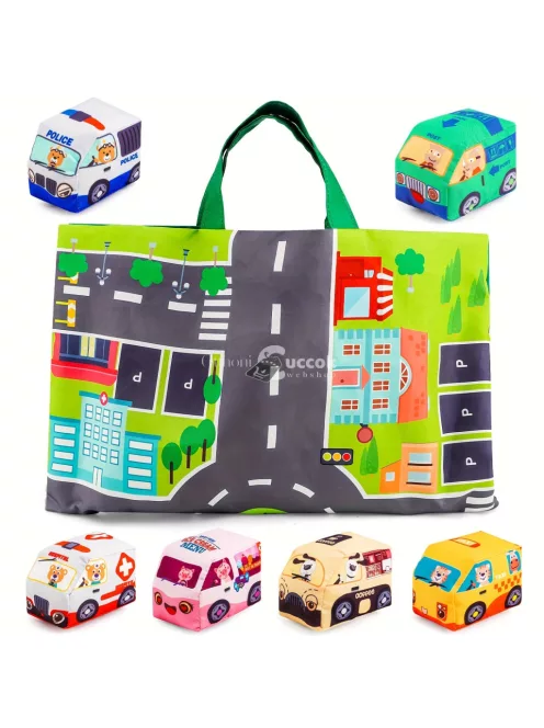 6db Puha Játékautók Játékszőnyeggel és Tárolózsákkal