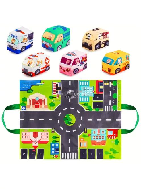 6db Puha Játékautók Játékszőnyeggel és Tárolózsákkal