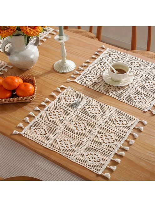 Kézzel készített bohém szőtt asztali alátét horgolt csipke szegéllyel