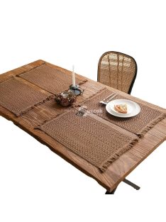   Vintage, régies tílusú barna len asztalfutó rojtos részlettel