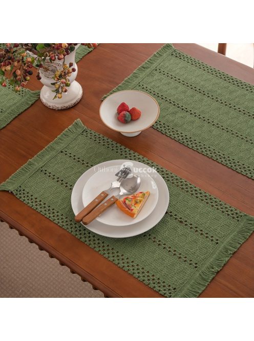 Zöld ,szőtt ,lyukacsos ,egyszínű kézzel készített függő asztali futó