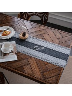   Vintage stílusú,  fehér-szürke csíkos asztali futó bojtokkal