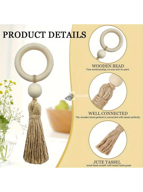 12db Fa Szalvétagyűrű Bojttal, Természetes Gyöngyös Asztaldísz Étkezéshez és Esküvőhöz